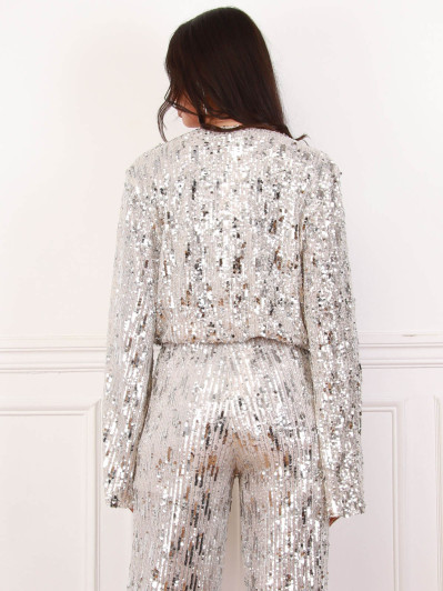 Top cache-cœur beige à sequins argentés