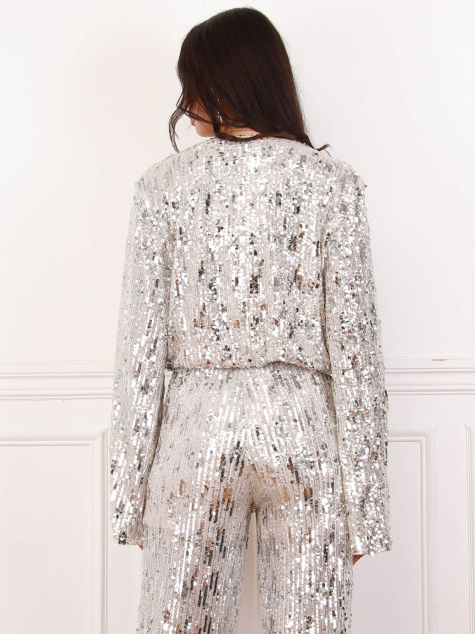 Top cache-cœur beige à sequins argentés