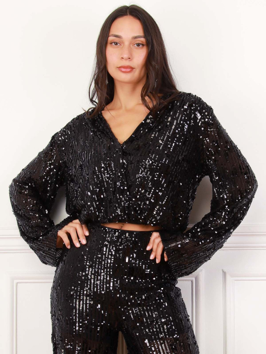 Top cache-cœur noir à sequins