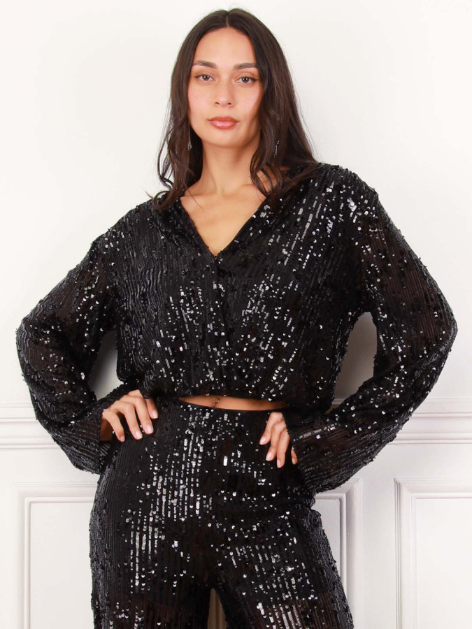 Top cache-cœur noir à sequins