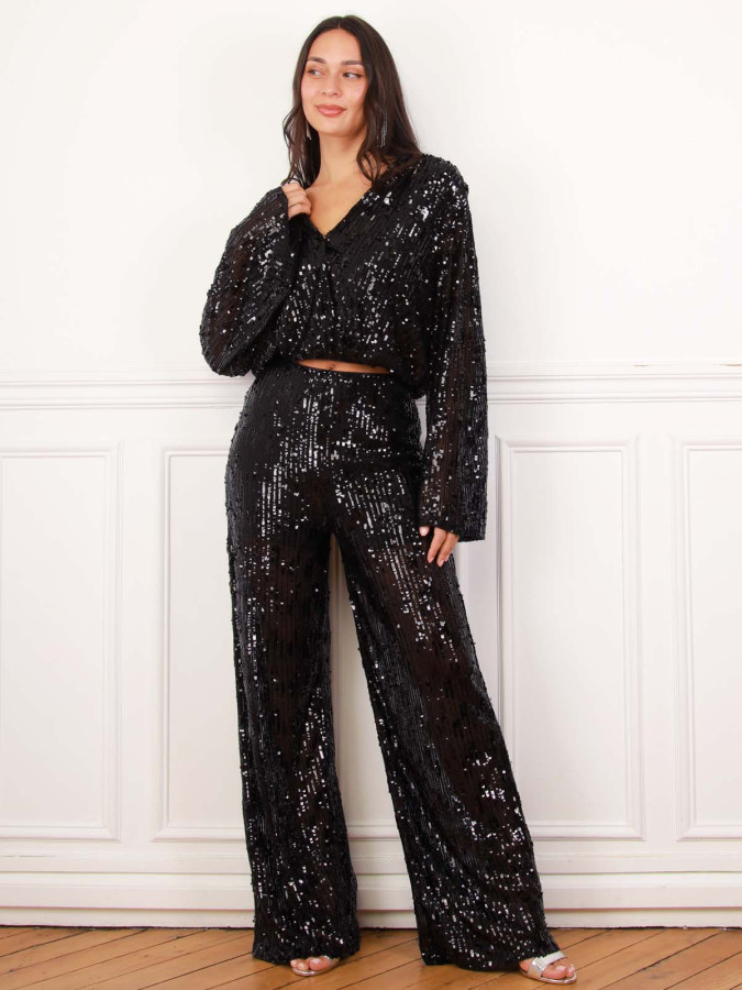 Top cache-cœur noir à sequins