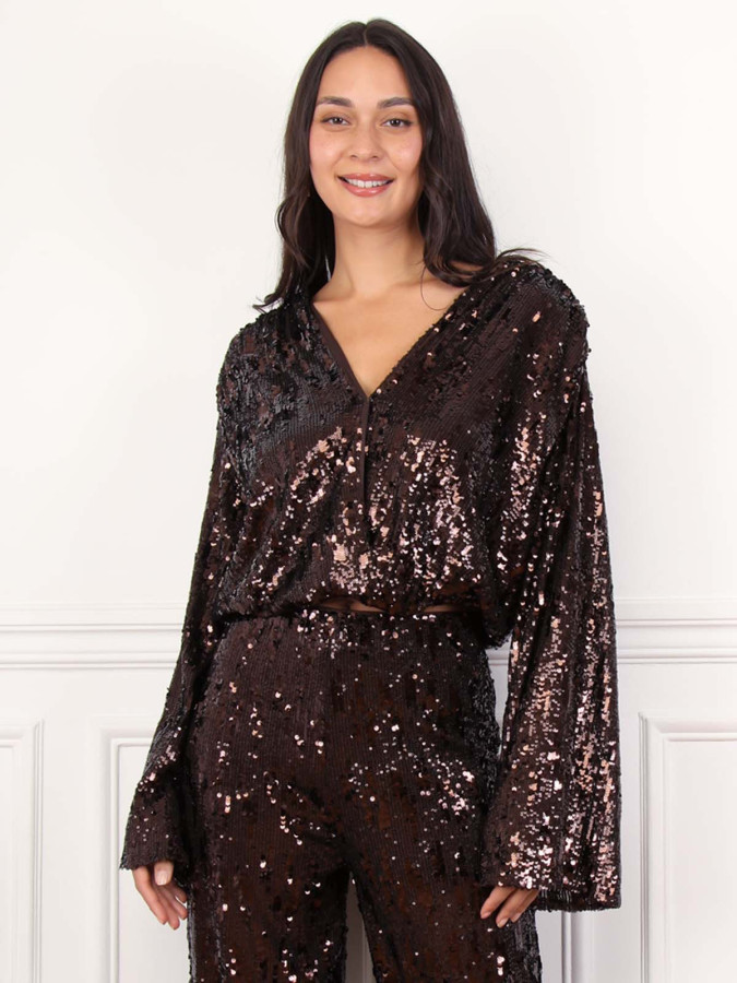 Top cache-cœur marron à sequins