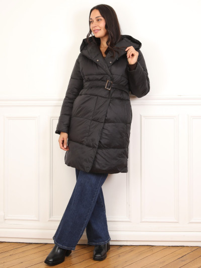 Doudoune mi-longue ceinturée à capuche noir