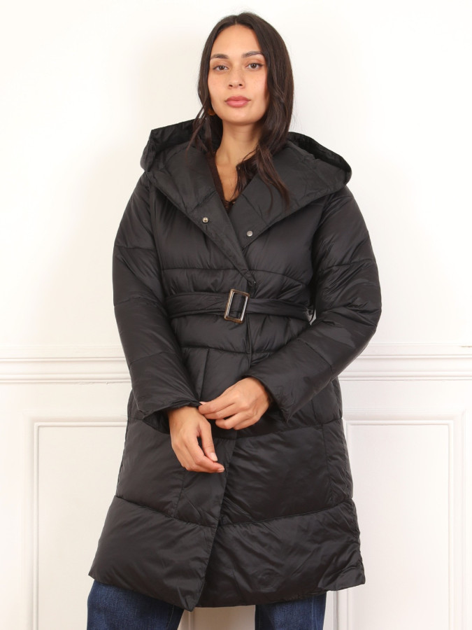 Doudoune mi-longue ceinturée à capuche noir