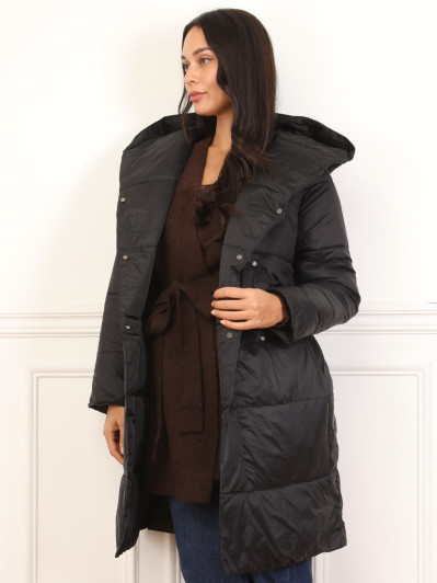 Doudoune mi-longue ceinturée à capuche noir