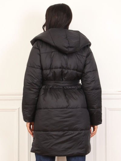 Doudoune mi-longue ceinturée à capuche noir