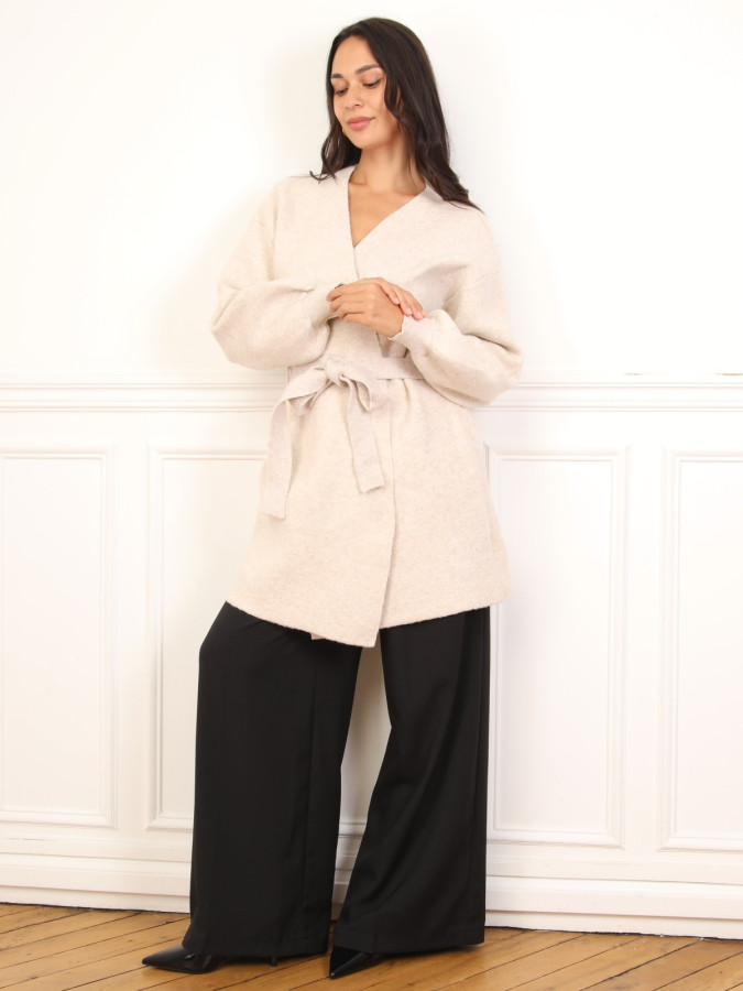 Gilet mi-long ceinturé beige