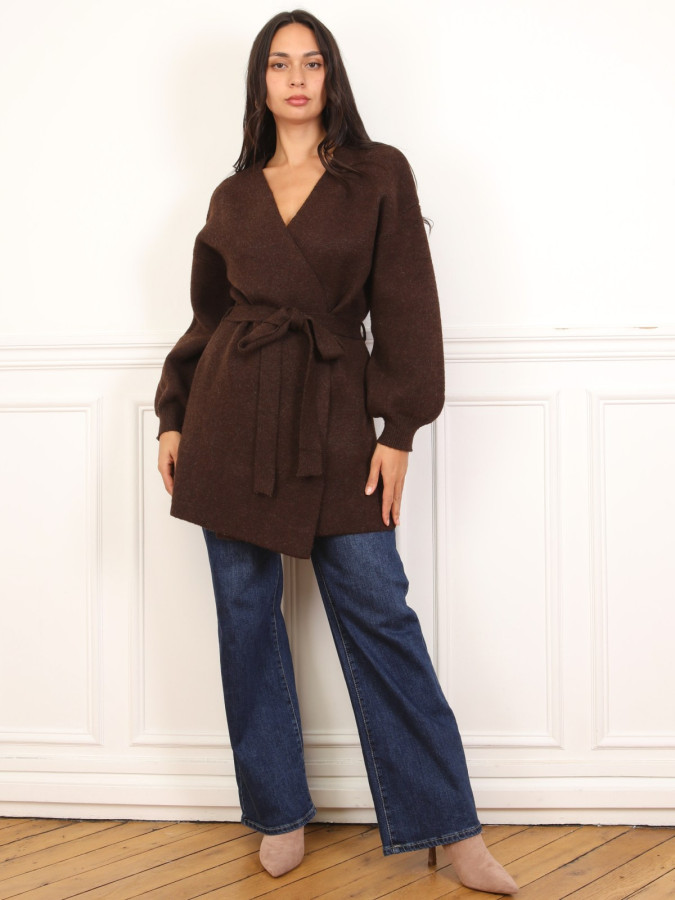 Gilet mi-long ceinturé marron