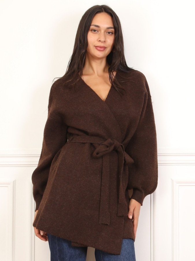 Gilet mi-long ceinturé marron