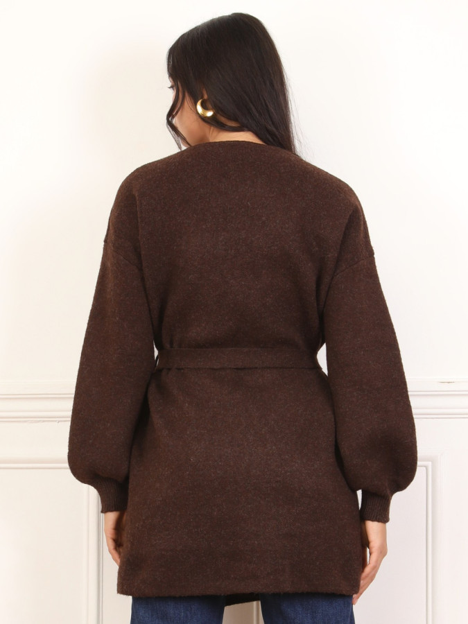 Gilet mi-long ceinturé marron