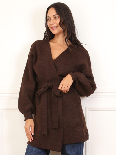 Gilet mi-long ceinturé marron