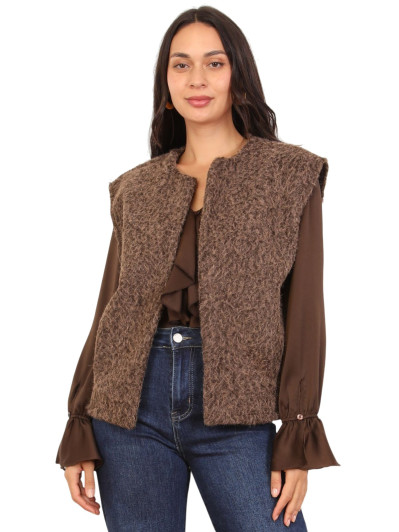 Gilet sans manches duveteux marron à poches