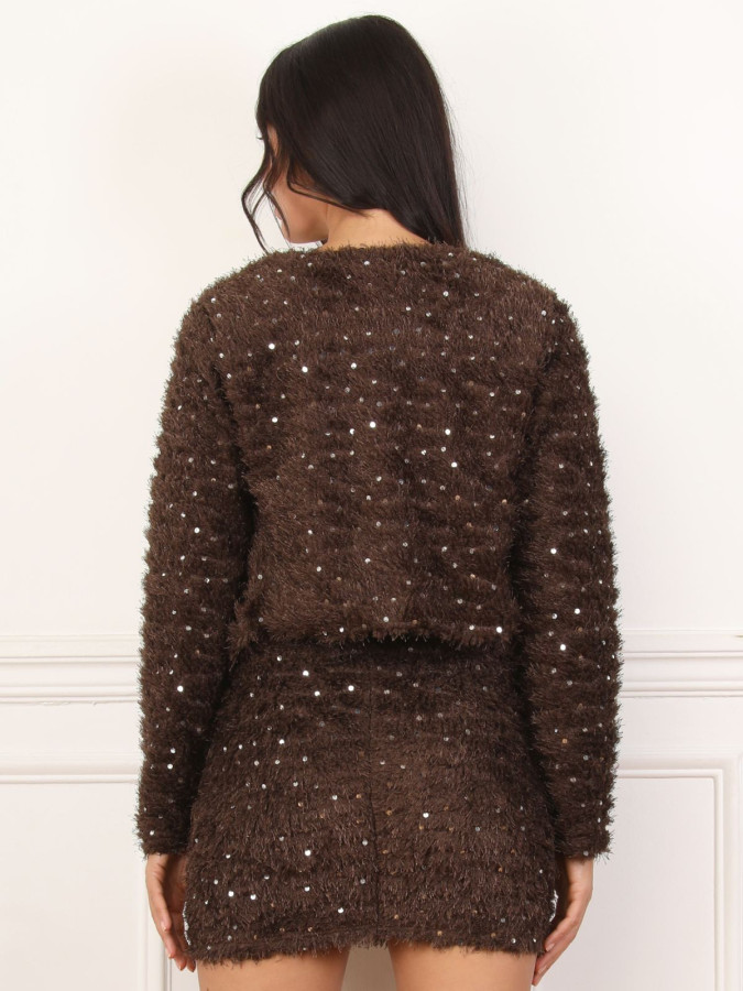 Veste duveteuse marron à sequins