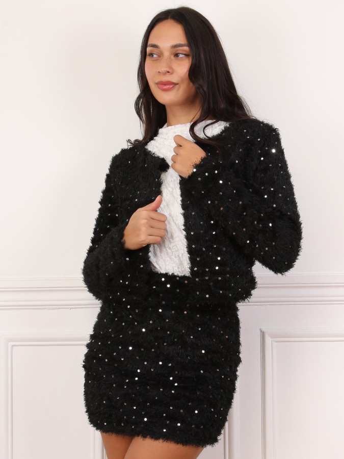 Mini jupe duveteuse noir à sequins