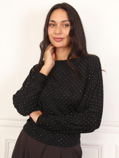 Top noir à strass manches chauve-souris