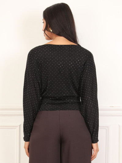 Top noir à strass manches chauve-souris