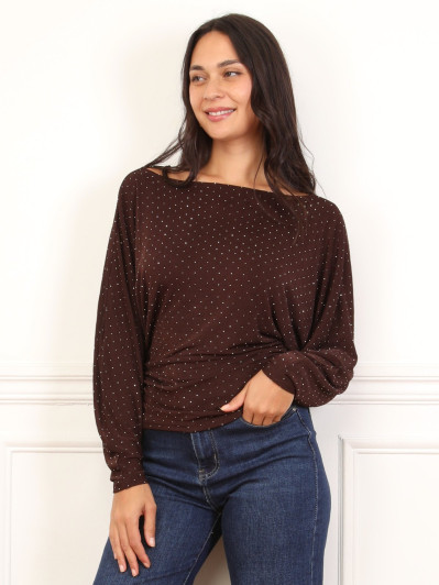 Top marron à strass manches chauve-souris