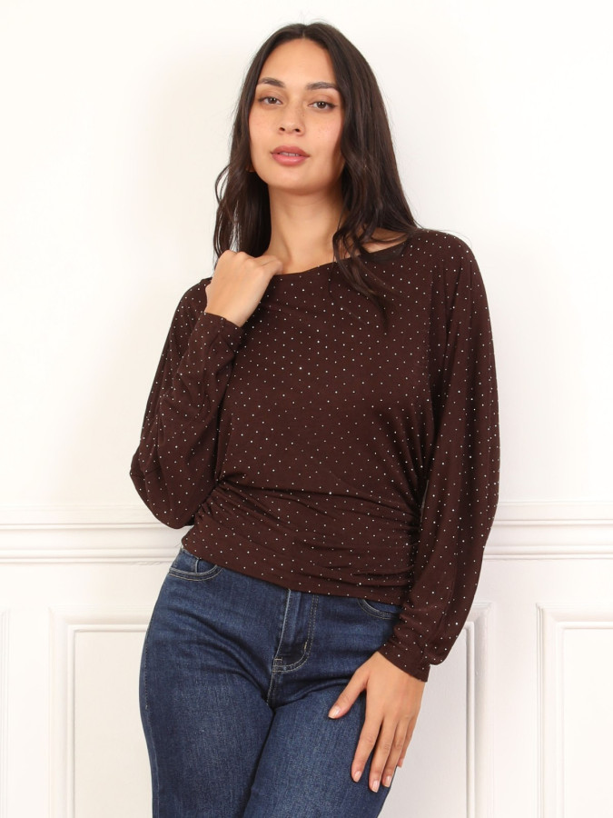 Top marron à strass manches chauve-souris