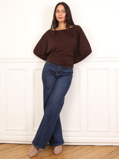 Top marron à strass manches chauve-souris