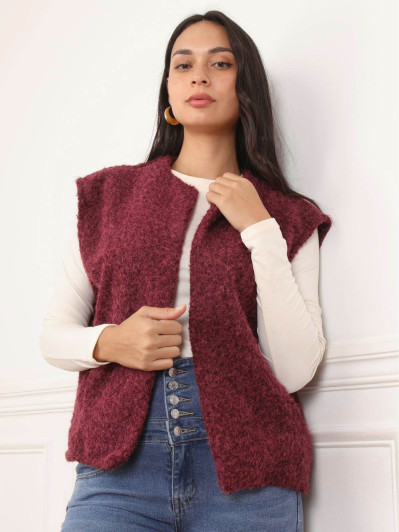 Gilet sans manches duveteux bordeaux à poches