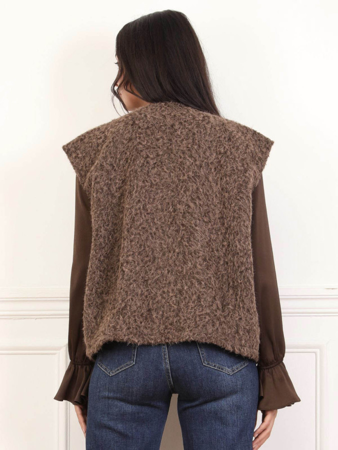 Gilet sans manches duveteux marron à poches