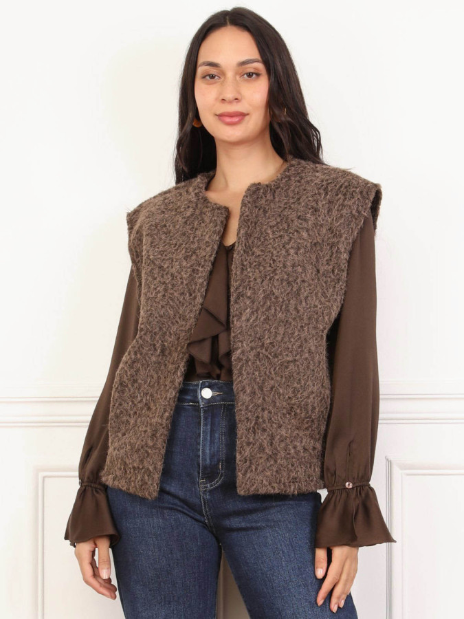 Gilet sans manches duveteux marron à poches