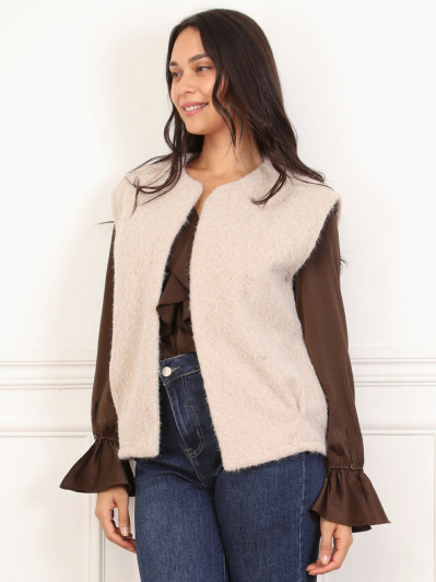 Gilet sans manches duveteux beige à poches