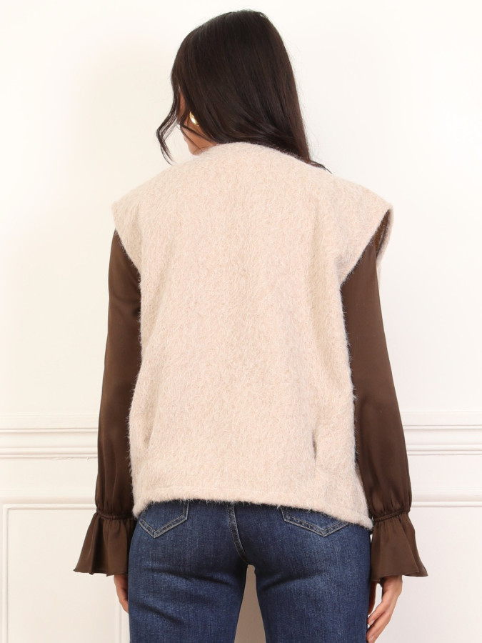 Gilet sans manches duveteux beige à poches