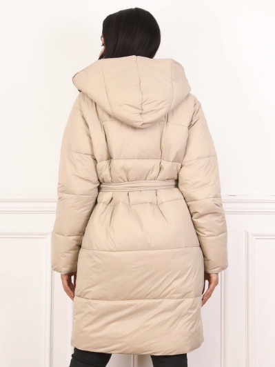 Doudoune mi-longue ceinturée à capuche beige