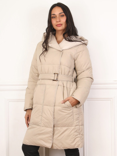 Doudoune mi-longue ceinturée à capuche beige