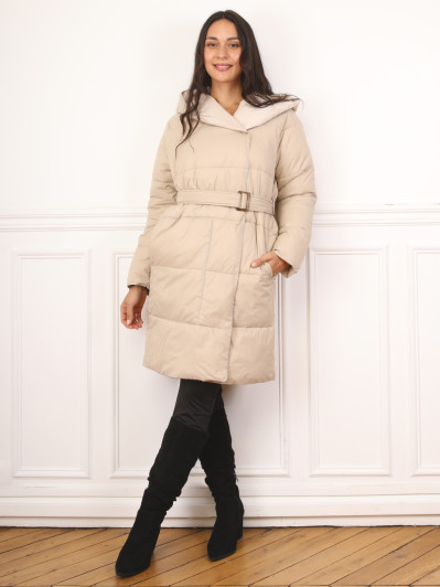 Doudoune mi-longue ceinturée à capuche beige