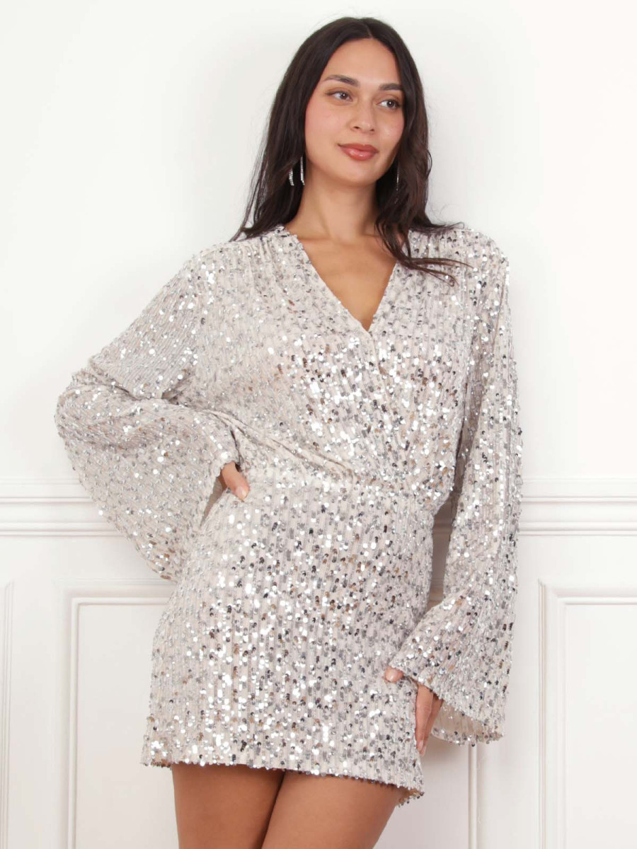 Robe cache-cœur beige à sequins argenté