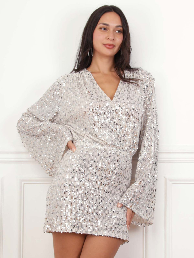 Robe cache-cœur beige à sequins argenté