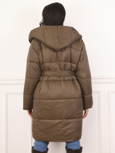 Doudoune mi-longue ceinturée à capuche kaki