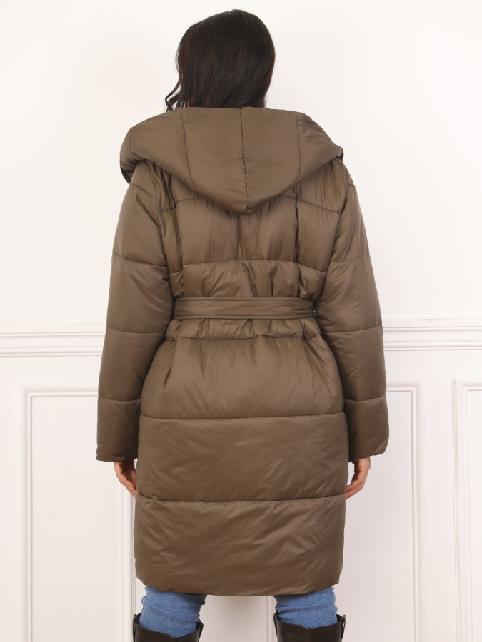 Doudoune mi-longue ceinturée à capuche kaki