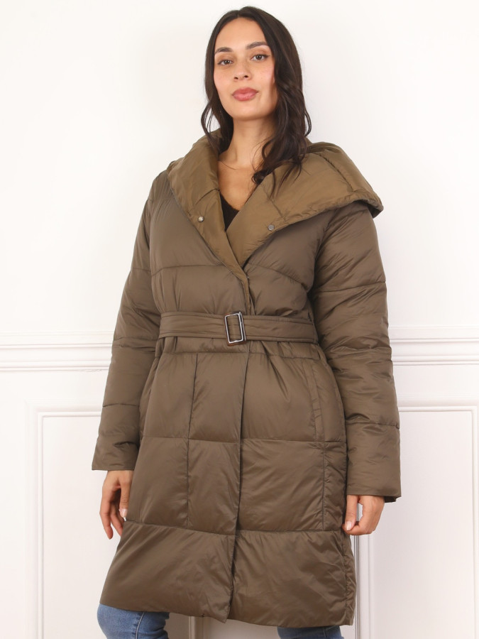 Doudoune mi-longue ceinturée à capuche kaki