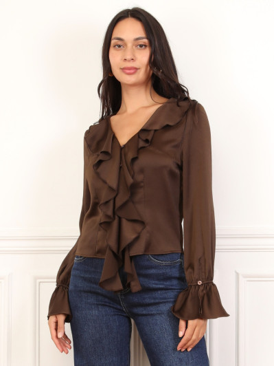 Blouse satinée marron à volants