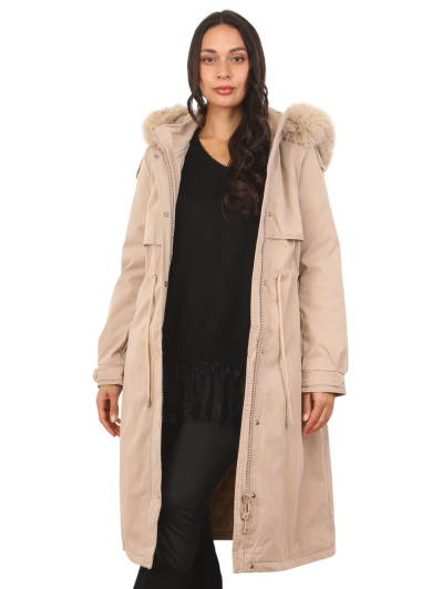 Parka mi-longue beige avec intérieur fausse fourrure