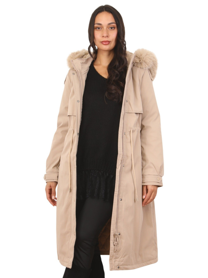 Parka mi-longue beige avec intérieur fausse fourrure