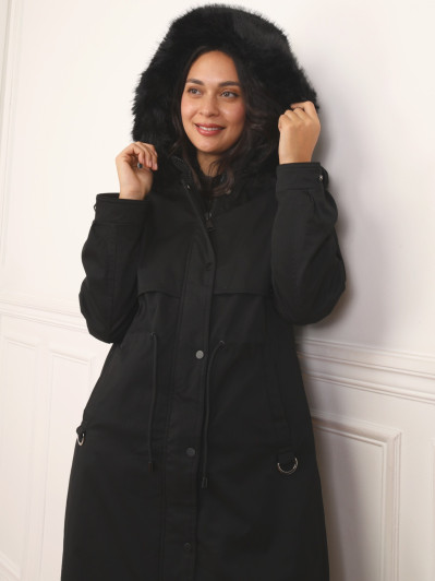 Parka mi-longue noire avec intérieur fausse fourrure
