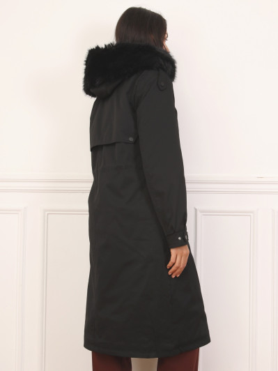 Parka mi-longue noire avec intérieur fausse fourrure
