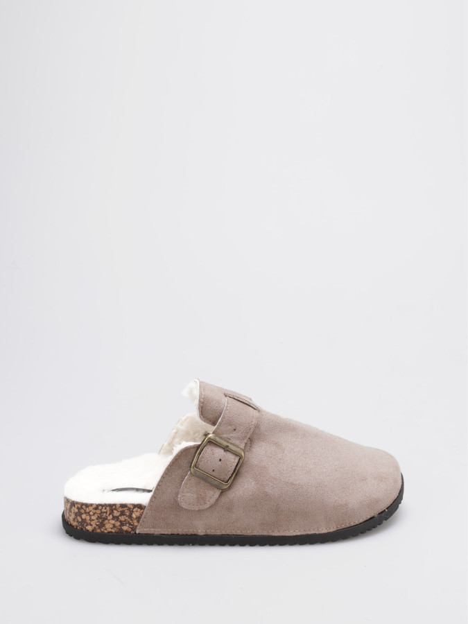 Mules fourrées en suédine taupe