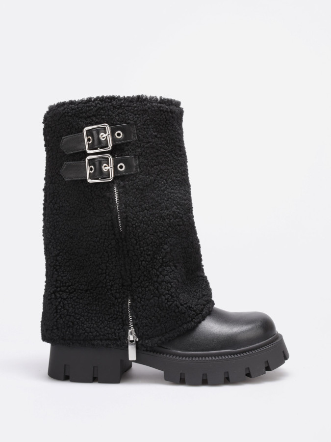 Bottes mi-hautes zippées noires à revers moutonné