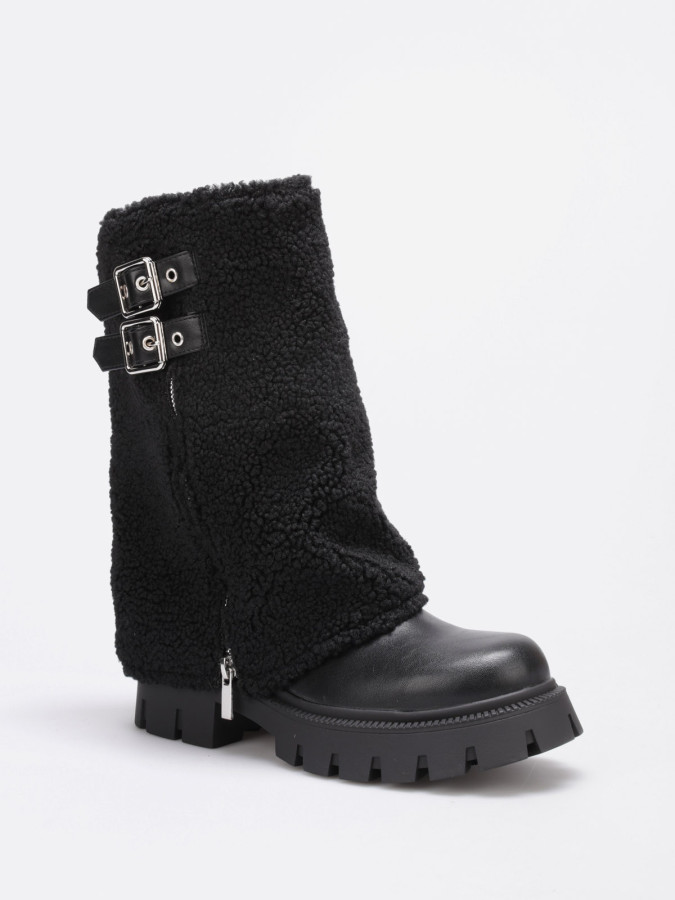 Bottes mi-hautes zippées noires à revers moutonné