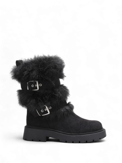 Bottes fausse fourrure noires et brides à boucles