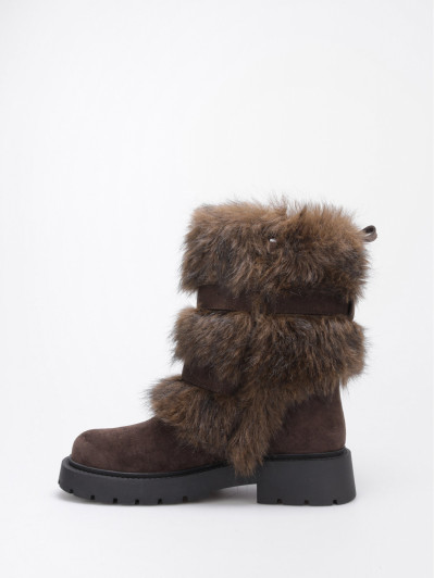 Bottes fausse fourrure marron et brides à boucles
