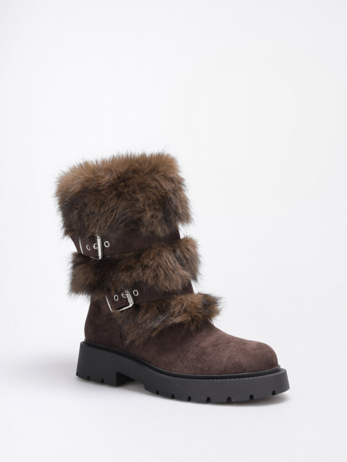Bottes fausse fourrure marron et brides à boucles