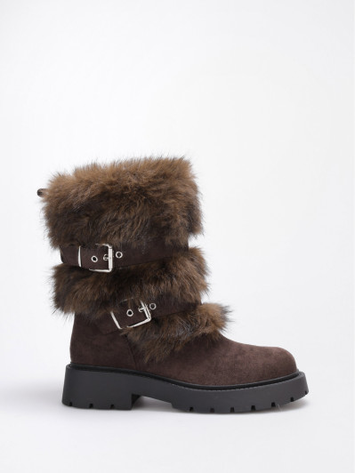 Bottes fausse fourrure marron et brides à boucles