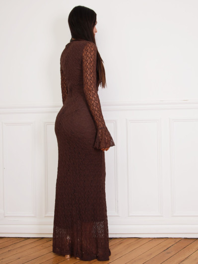 Robe longue en dentelle marron