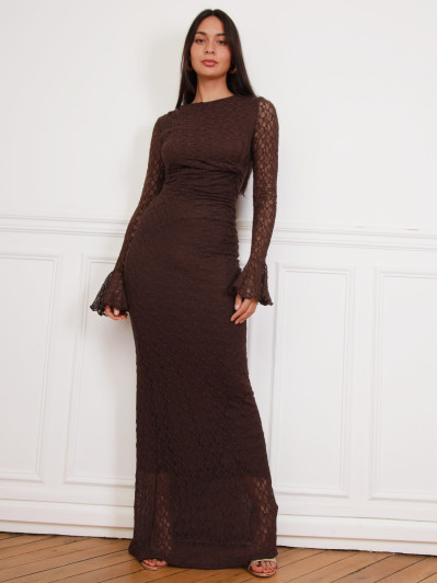 Robe longue en dentelle marron